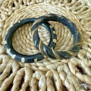 Lot of 2 Vintage African Wood Bangle Bracelets Black Gold Brass Tribal Retro 80s